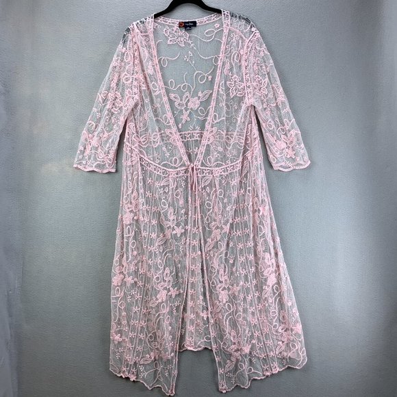 Indigo Poppy Tops - **SOLD**Indigo Poppy Duster Womens S/M Pink Boho Lace Kimono Floral Topper